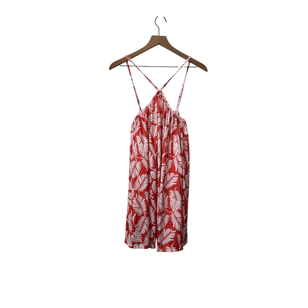 Strappy Hawaiian Print Dress Orange White Palm Monstera Stretchy XS